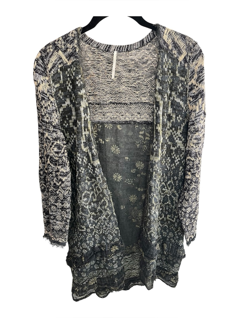 Free People Mixed Media Long Knit Open Front Cardigan Ruffle Boho Small